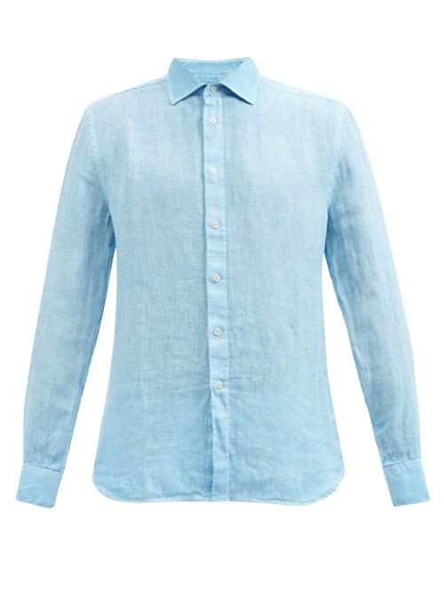 120 Lino 120% Lino - Long-sleeved Linen Shirt - Mens - Light Blue