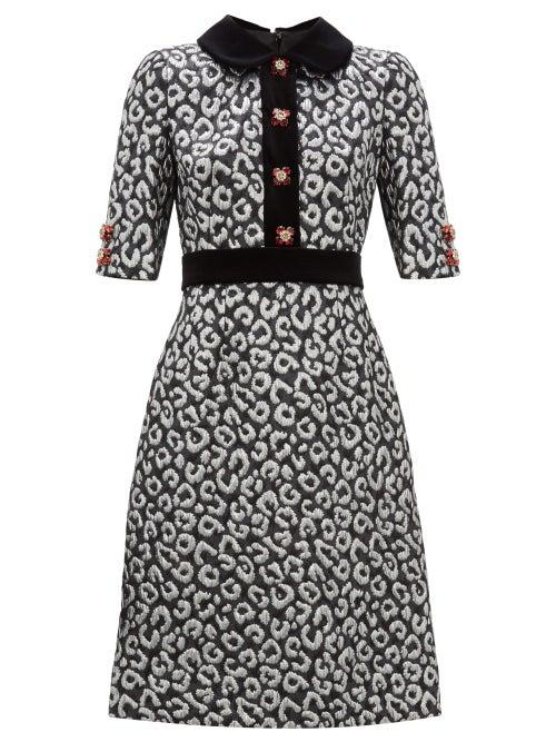 Matchesfashion.com Dolce & Gabbana - Leopard Jacquard And Velvet Trim Midi Dress - Womens - Silver Multi