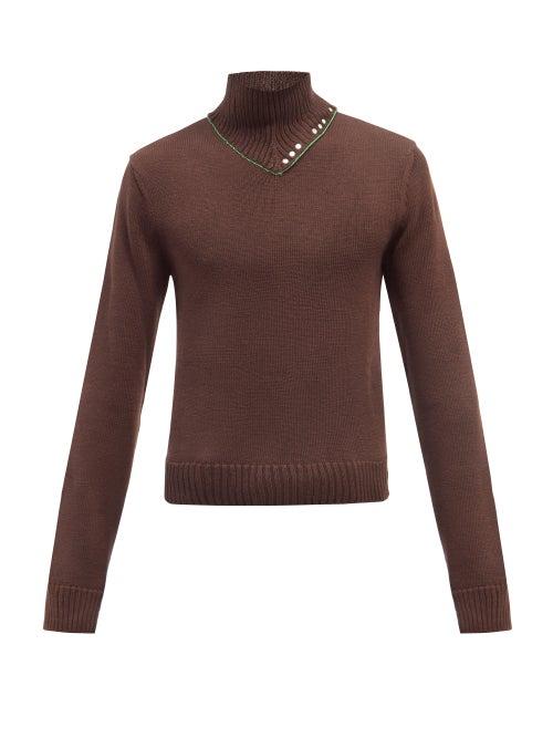 Mens Rtw Bottega Veneta - Studded High-neck Wool Sweater - Mens - Dark Brown