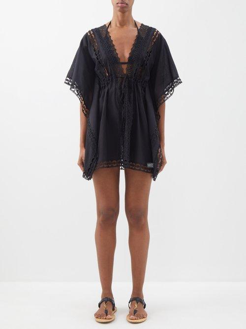 Charo Ruiz - Kayla Broderie-anglaise Cotton-blend Kaftan - Womens - Black