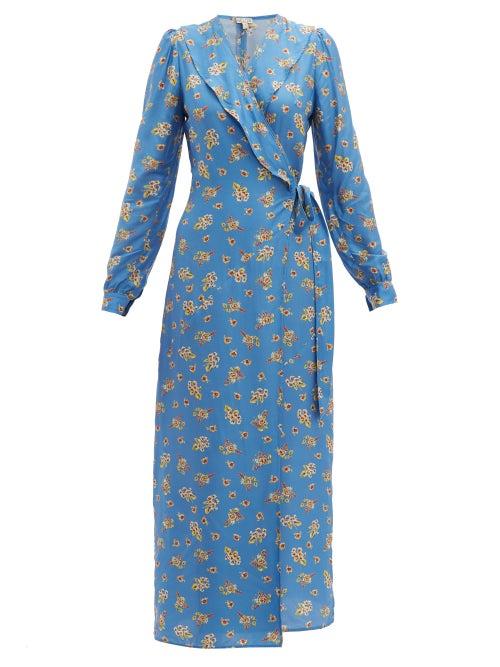 Matchesfashion.com Belize - Salome Floral Print Charmeuse Wrap Dress - Womens - Blue Multi