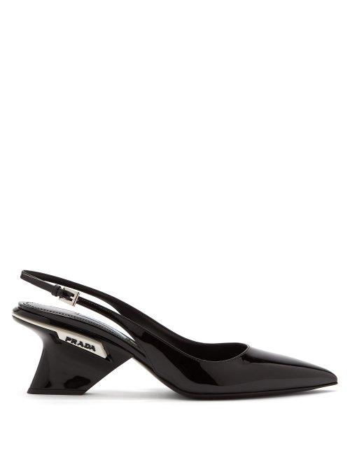 Matchesfashion.com Prada - Logo Embellished Patent Leather Slingback Pumps - Womens - Black White