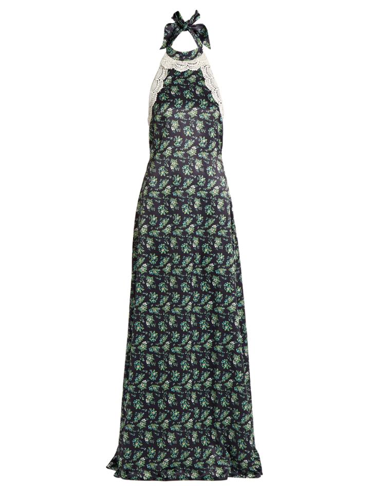 House Of Holland Halterneck Lace-trimmed Floral-print Satin Dress