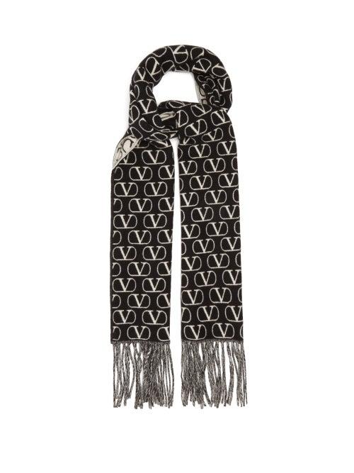 Valentino Garavani - V-logo Jacquard Fringed Wool-blend Scarf - Womens - Black White