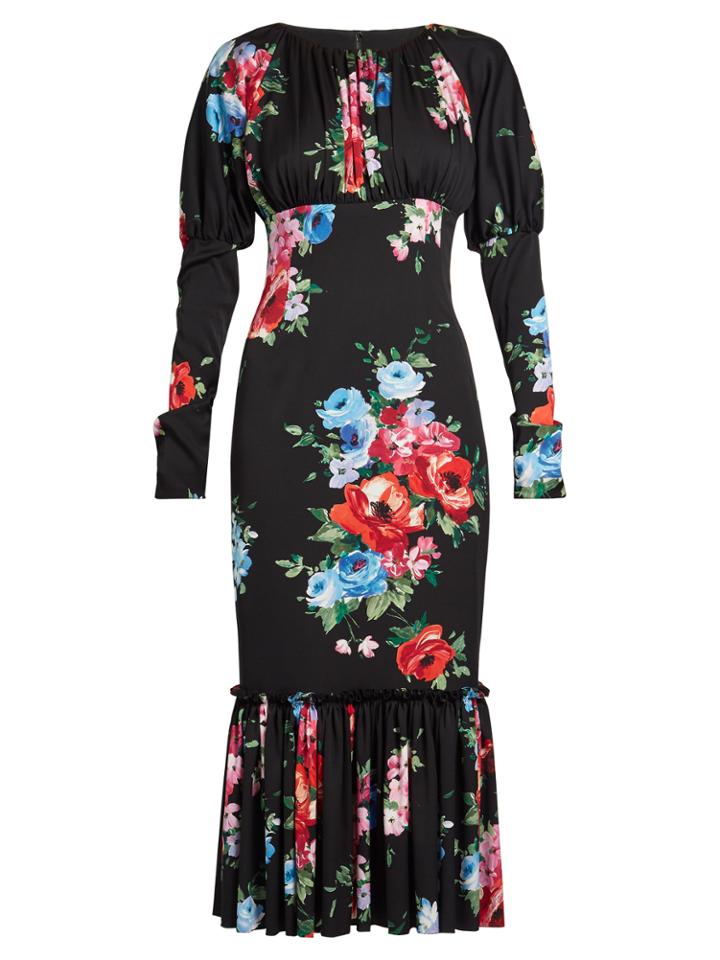 Dolce & Gabbana Rose-print Gathered-hem Charmeuse Dress