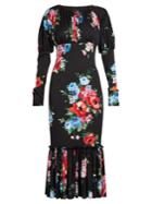 Dolce & Gabbana Rose-print Gathered-hem Charmeuse Dress