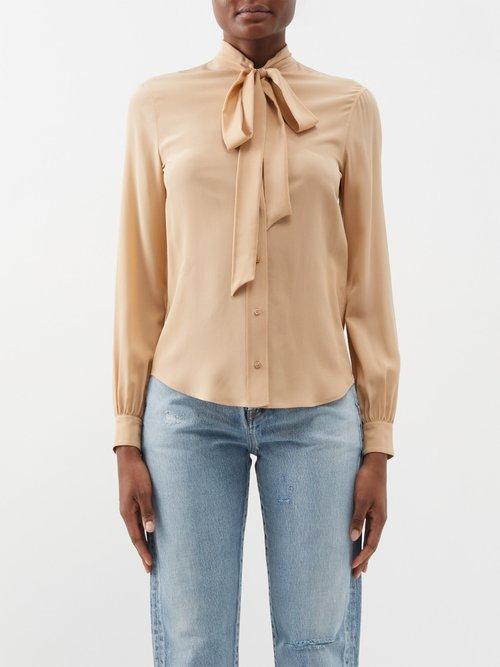 Saint Laurent - Silk Crepe De Chine Pussy-bow Blouse - Womens - Beige