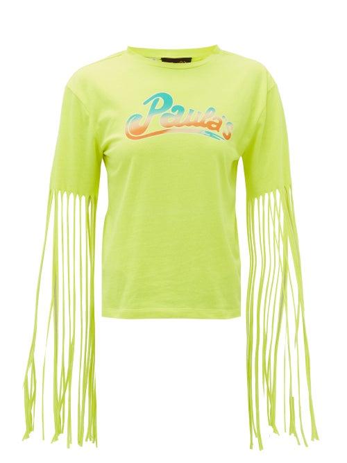 Matchesfashion.com Loewe Paula's Ibiza - Fringed Logo-print Jersey T-shirt - Womens - Yellow