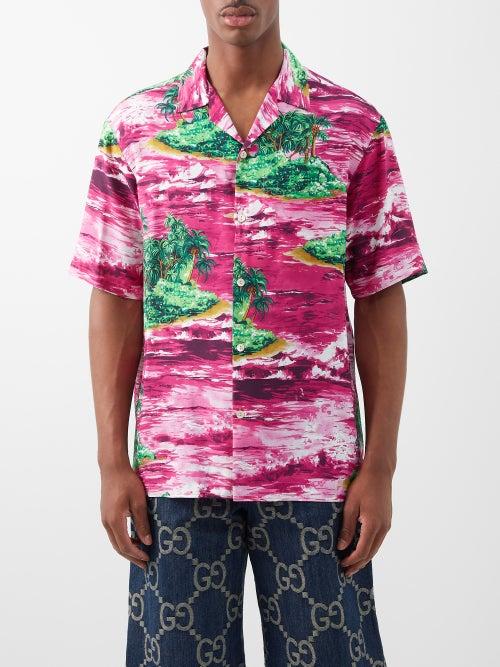 Gucci - Island-print Poplin Short-sleeved Shirt - Mens - Fuchsia