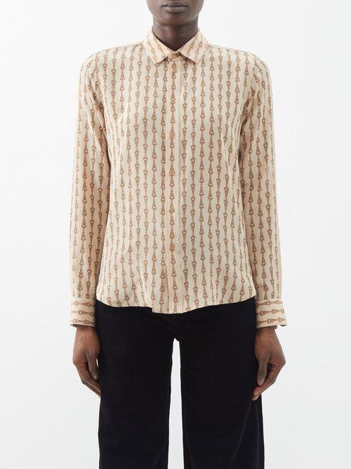 Nili Lotan - Gaia Chain-print Silk Shirt - Womens - Camel