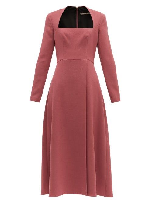 Matchesfashion.com Emilia Wickstead - Glenda Square Neckline Wool Crepe Midi Dress - Womens - Dark Pink