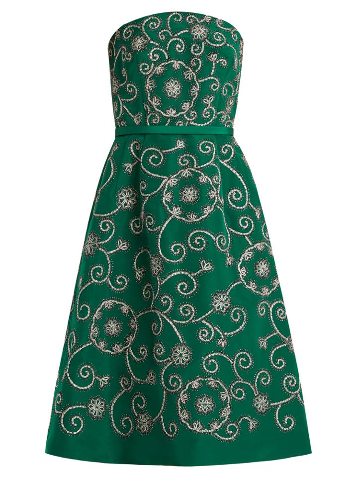 Oscar De La Renta Swirl-embroidered Strapless Silk Dress