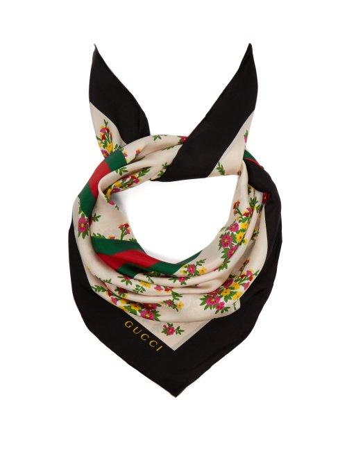 Matchesfashion.com Gucci - Floral And Web Stripe Print Silk Twill Scarf - Womens - Green