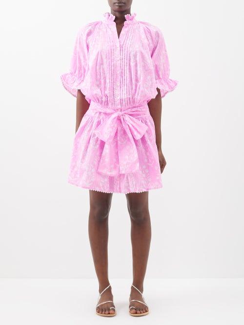 Juliet Dunn - Floral-print Cotton Mini Shirt Dress - Womens - Pink Silver