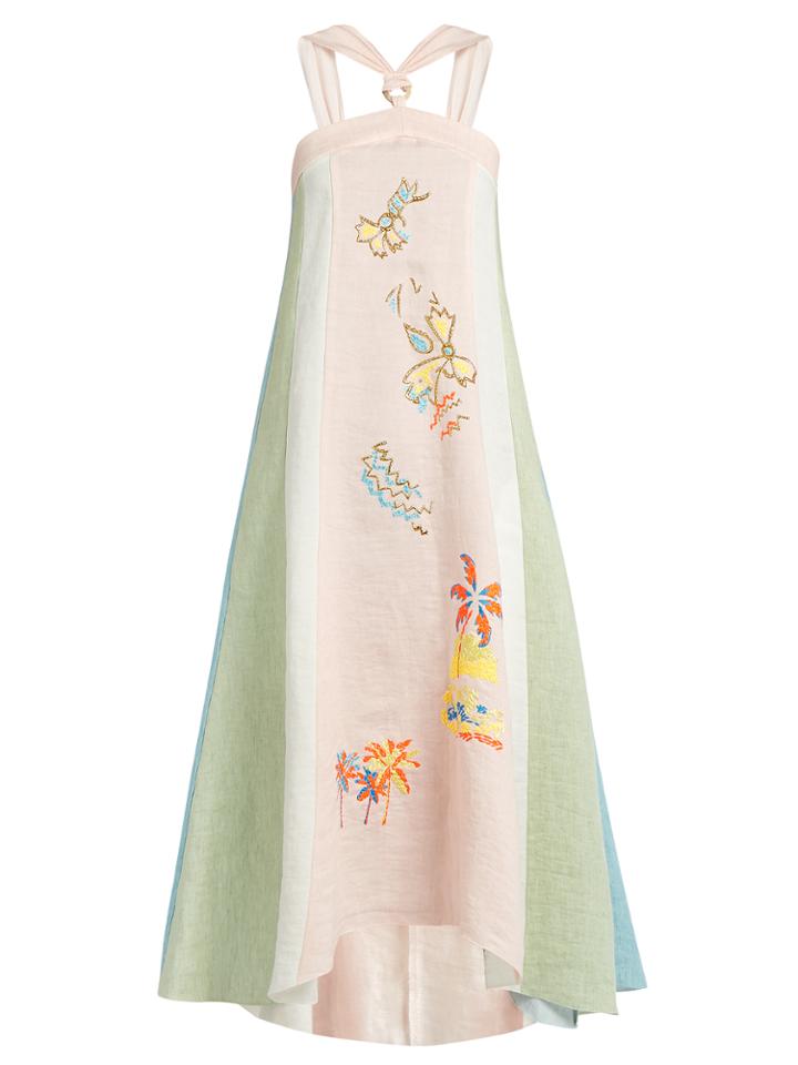 Peter Pilotto Embroidered Striped Linen Halterneck Dress