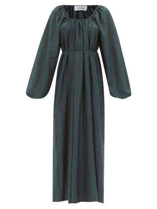 Matteau - Gathered Organic-cotton Blend Poplin Dress - Womens - Emerald