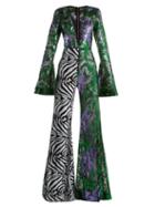 Matchesfashion.com Halpern - Abstract Pop And Zebra Pattern Sequinned Jumpsuit - Womens - Green Multi