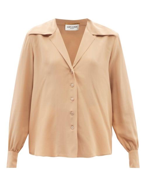 Saint Laurent - Wide-lapel Silk Crepe De Chine Blouse - Womens - Beige