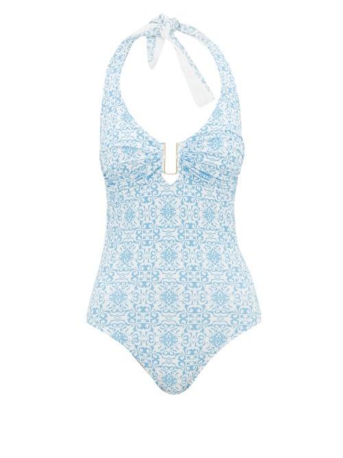 Matchesfashion.com Melissa Odabash - Tampa Tile-print Halterneck Swimsuit - Womens - Blue Print