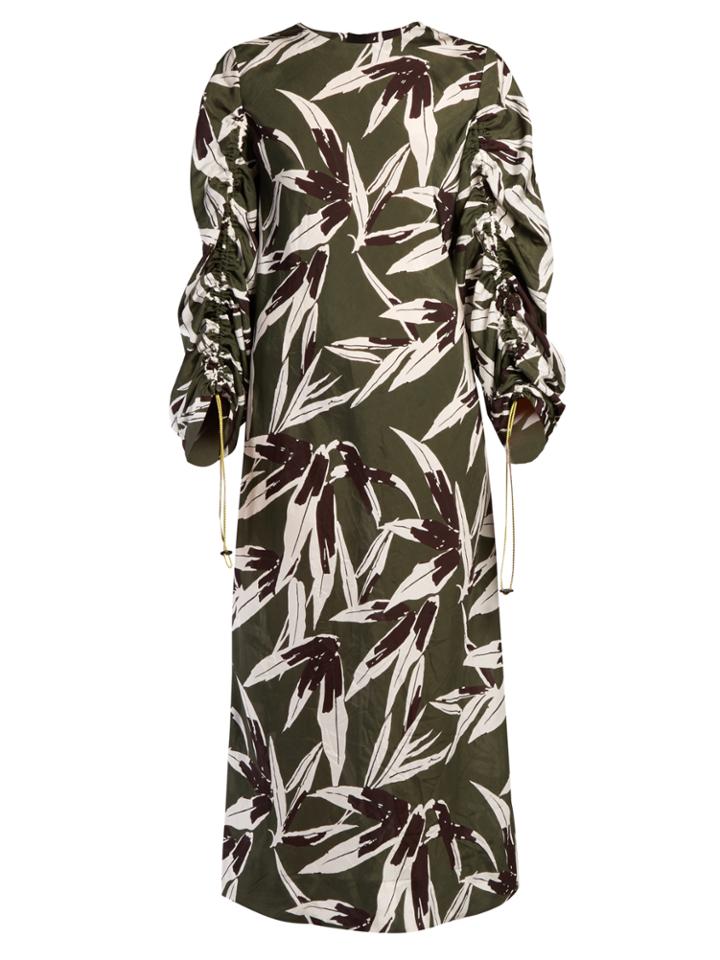 Marni Bamboo-print Drawstring-sleeve Midi Dress