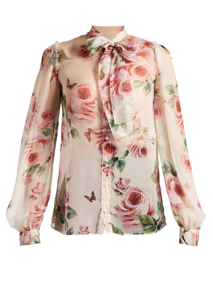 Dolce & Gabbana Rose-print Tie-neck Chiffon Blouse