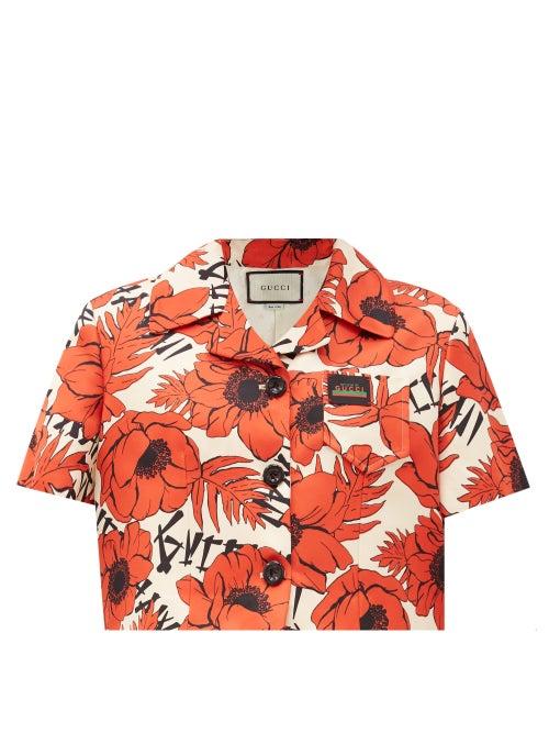 Matchesfashion.com Gucci - Flying Poppies-print Silk-duchess Jacket - Womens - Red White