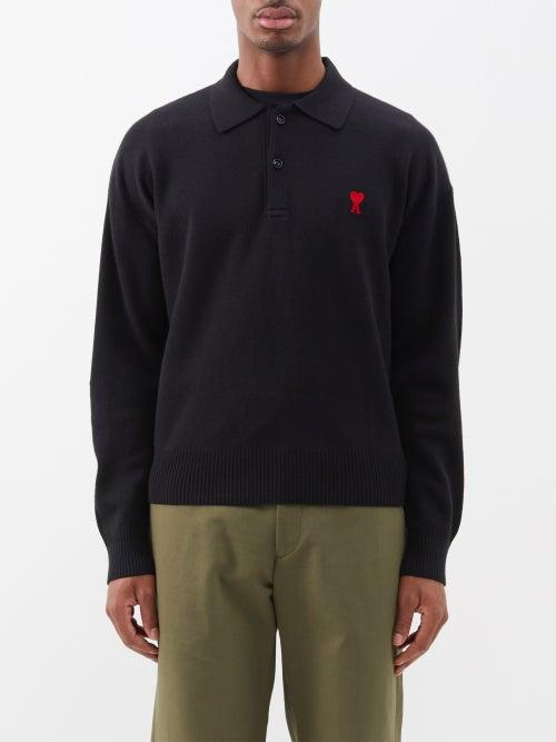 Ami - Logo-embroidered Wool Polo Shirt - Mens - Black