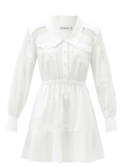 Matchesfashion.com Self-portrait - Chantilly-lace And Cotton-poplin Mini Shirt Dress - Womens - White