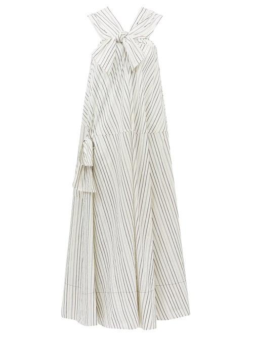 Matchesfashion.com Ssone - Bow Striped Cotton-blend Midi Dress - Womens - White/blue