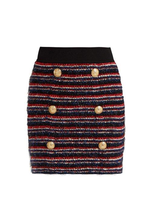 Matchesfashion.com Balmain - Striped Tweed Skirt - Womens - Navy Multi