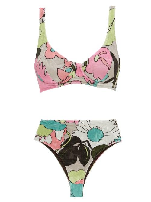 Matchesfashion.com Fendi - Foliage-print Underwired High-rise Bikini - Womens - Pink Print