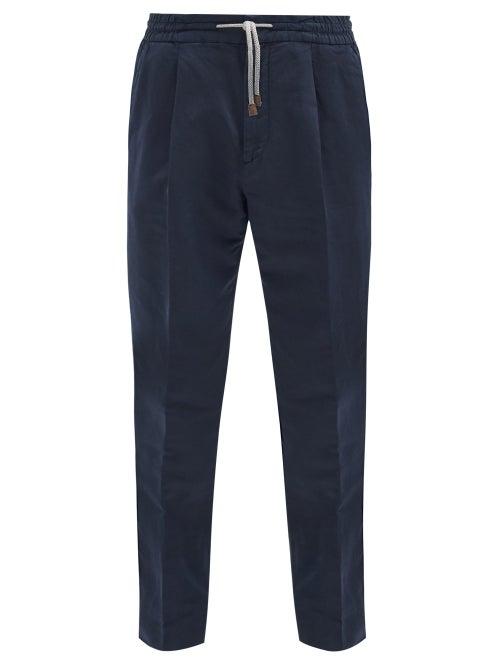 Matchesfashion.com Brunello Cucinelli - Drawstring Linen-blend Straight-leg Trousers - Mens - Navy