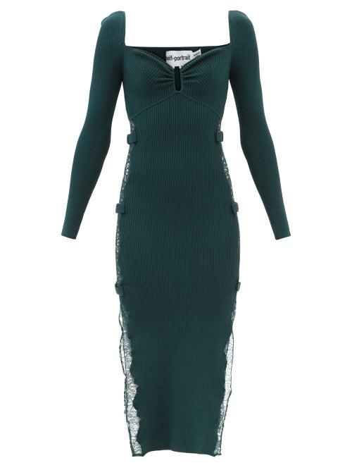 Self-portrait - Sweetheart Lace-insert Rib-knitted Midi Dress - Womens - Dark Green