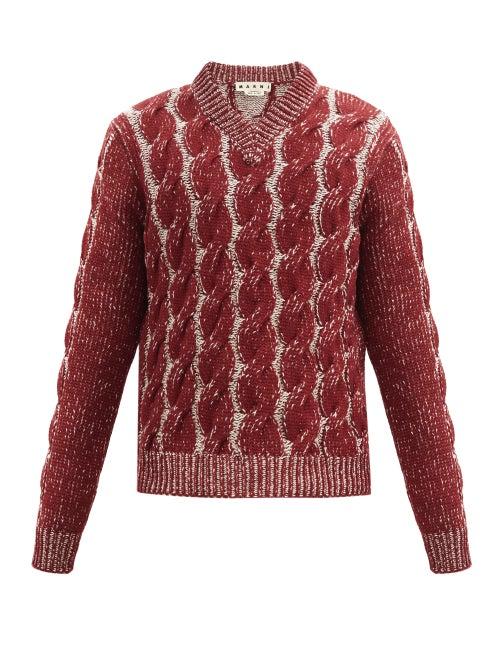 Matchesfashion.com Marni - V-neck Cable-knitted Wool-blend Sweater - Mens - Burgundy