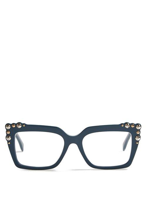 Matchesfashion.com Fendi - Stud Embellished Square Frame Glasses - Womens - Green