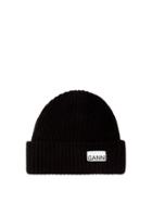 Ganni - Logo-patch Recycled Wool-blend Beanie Hat - Womens - Black