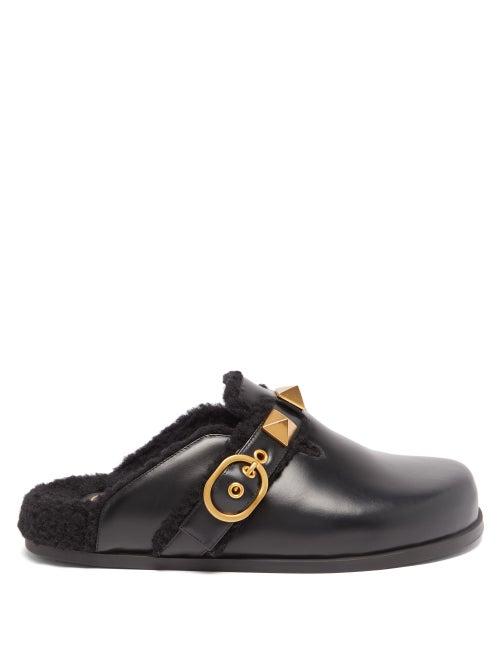 Valentino Garavani - Roman-stud Leather And Shearling Backless Loafers - Womens - Black