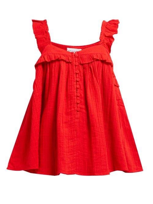 Matchesfashion.com Apiece Apart - Emile Ruffle Trim Cotton Top - Womens - Red