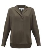 Matchesfashion.com Frame - Notch Lapel Collar Silk Crepe Blouse - Womens - Khaki