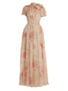 Valentino Neck-tie Rose-print Silk-chiffon Gown