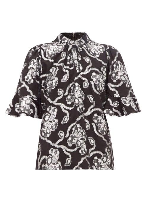 Matchesfashion.com Rebecca Taylor - Trumpet-sleeve Floral Brocade Silk-blend Blouse - Womens - Black Silver