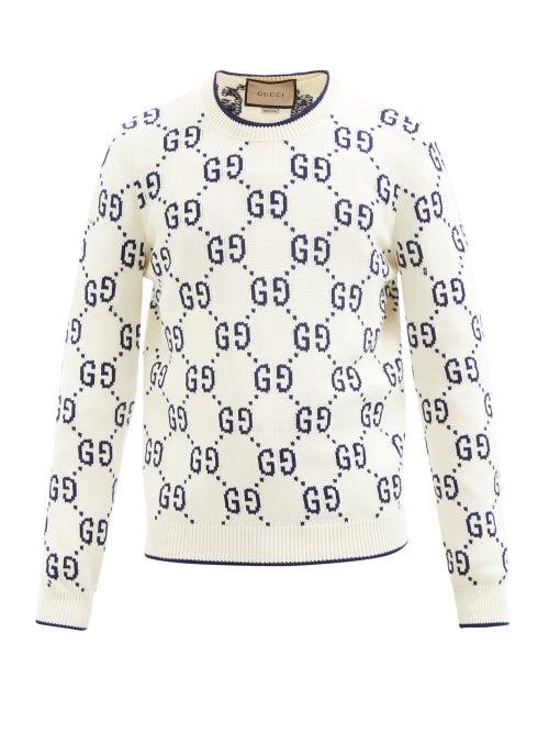 Gucci - Gg-intarsia Cotton Sweater - Mens - Ivory Multi