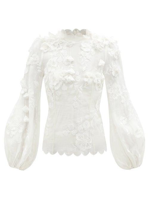 Zimmermann - Postcard High-neck Floral-embroidered Shirt - Womens - Ivory