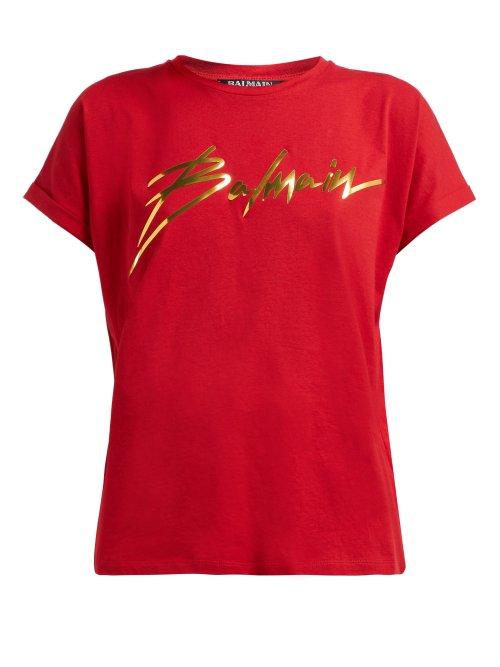 Matchesfashion.com Balmain - Foil Logo Cotton T Shirt - Womens - Red Gold