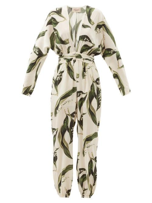 Matchesfashion.com Adriana Degreas - Floral-print Plunge-neck Silk Jumpsuit - Womens - Cream Print