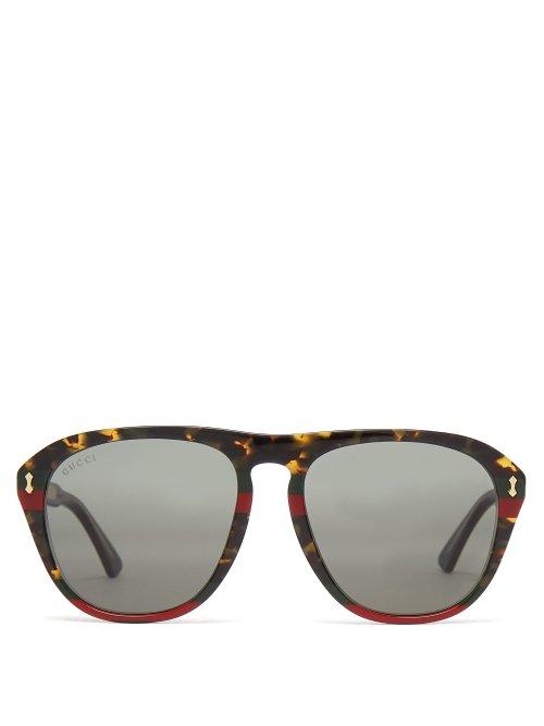 Matchesfashion.com Gucci - Web Striped Aviator Acetate Sunglasses - Mens - Brown