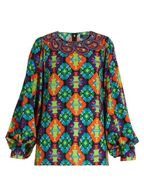 Matchesfashion.com Andrew Gn - Geometric Print Silk Blend Crepe Blouse - Womens - Green Multi