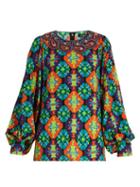 Matchesfashion.com Andrew Gn - Geometric Print Silk Blend Crepe Blouse - Womens - Green Multi