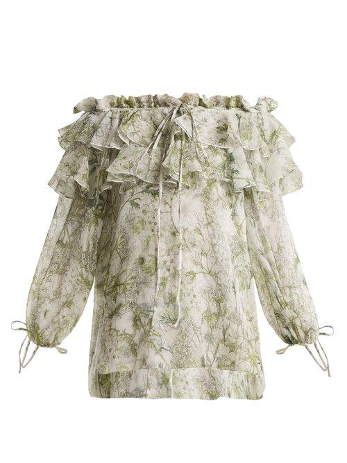 Matchesfashion.com Alexander Mcqueen - Floral Print Off The Shoulder Silk Top - Womens - Green Print