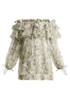 Matchesfashion.com Alexander Mcqueen - Floral Print Off The Shoulder Silk Top - Womens - Green Print
